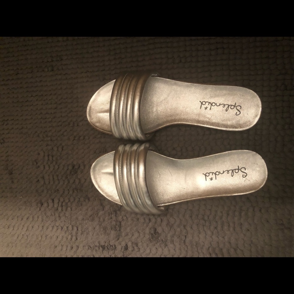 Silver metallic Splendid Tyson slides.  Size 8
